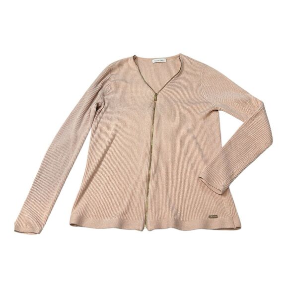 Calvin Klein Sweaters - Calvin Klein Ribbed Zip Front Cardigan Sweater Pink Beige Neutral Long Sleeve
